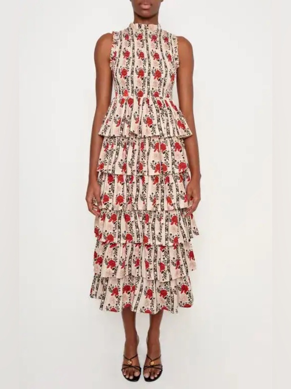NWT The Lulo Project Floral Tiered Ruffle Midi Dress Smocked Bodice Size Medium